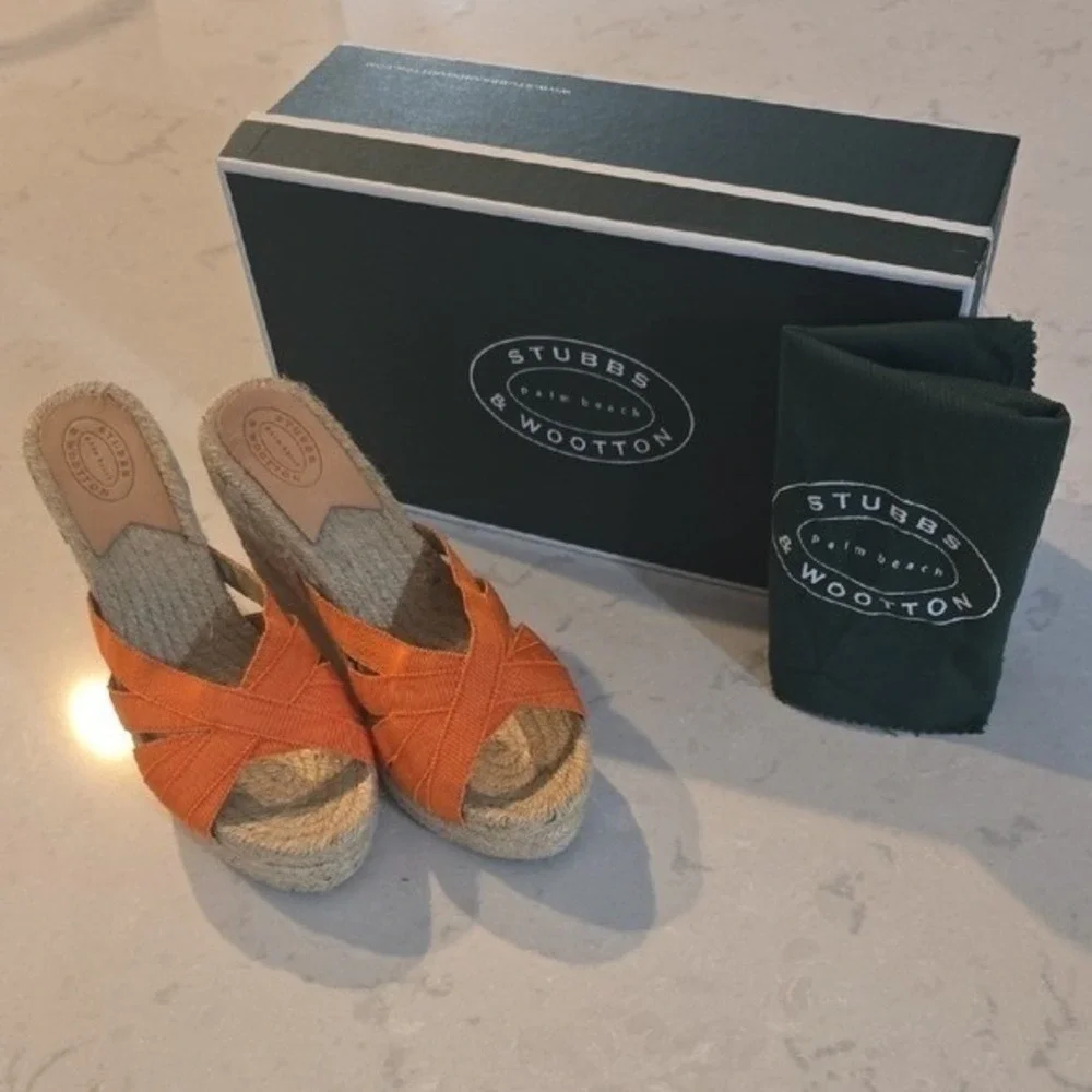 Stubbs & Wootton Orange Grosgrain Espadrille Wedge Sandals Palm Beach Slides